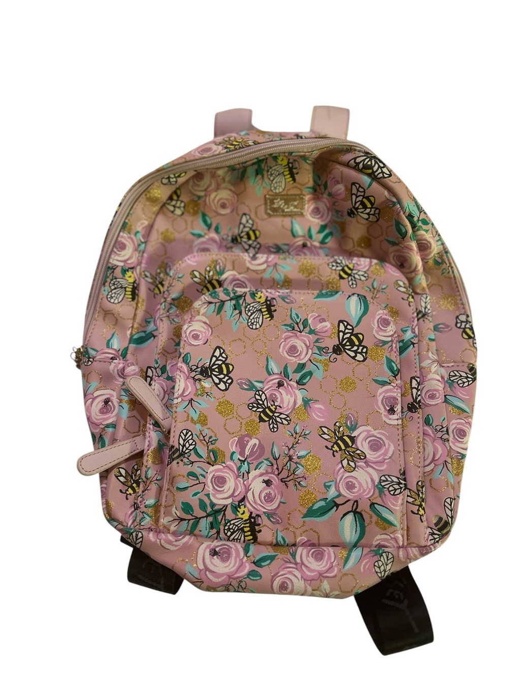 Betsey Johnson Pink Floral Bee Backpack Glitter Faux Leather Bag